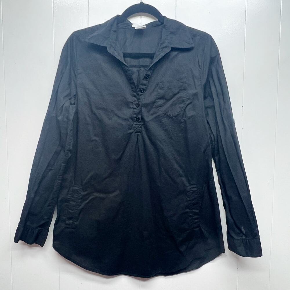 Prototype Womens Vtg 1/4 Button Long Sleeve Black Shirt Size Medium Side Pockets
